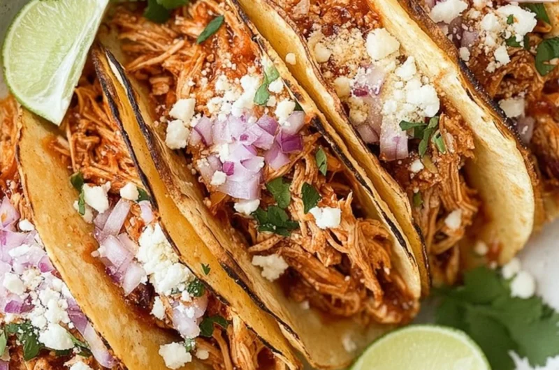 Delicious crockpot chicken tacos with shredded chicken and fresh toppings