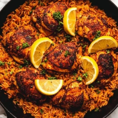 One Pan Spanish Chicken and Rice dish with vibrant colors and textures