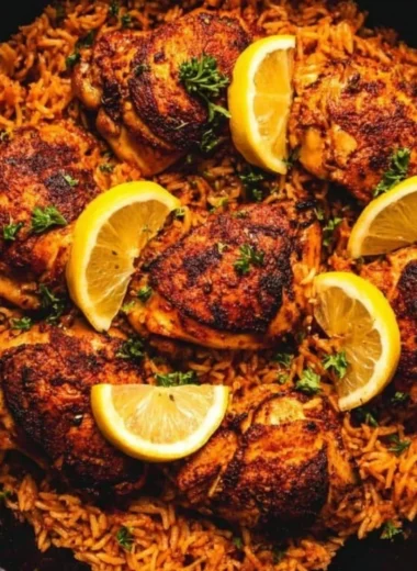 One Pan Spanish Chicken and Rice dish with vibrant colors and textures