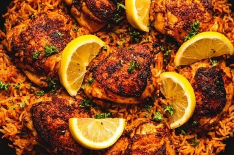 One Pan Spanish Chicken and Rice dish with vibrant colors and textures