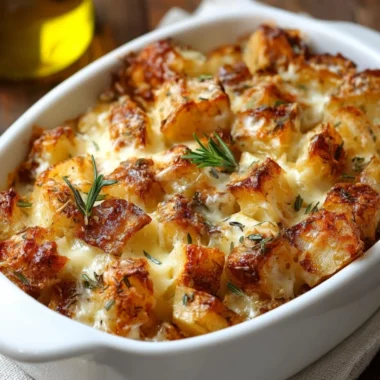 A delicious serving of French Onion Potato Bake topped with cheese and herbs.