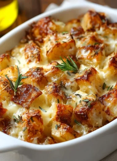 A delicious serving of French Onion Potato Bake topped with cheese and herbs.
