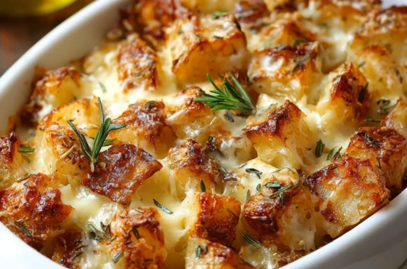 A delicious serving of French Onion Potato Bake topped with cheese and herbs.