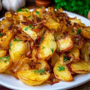 Fried potatoes and onions served in a skillet, golden and crispy.
