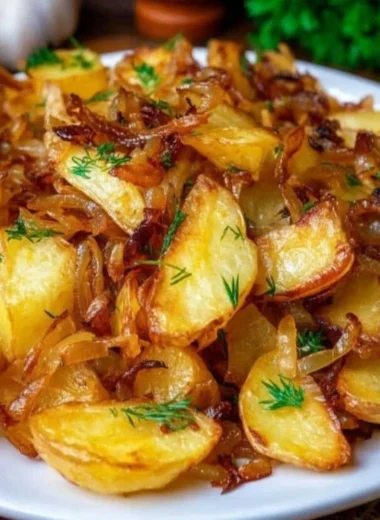 Fried potatoes and onions served in a skillet, golden and crispy.
