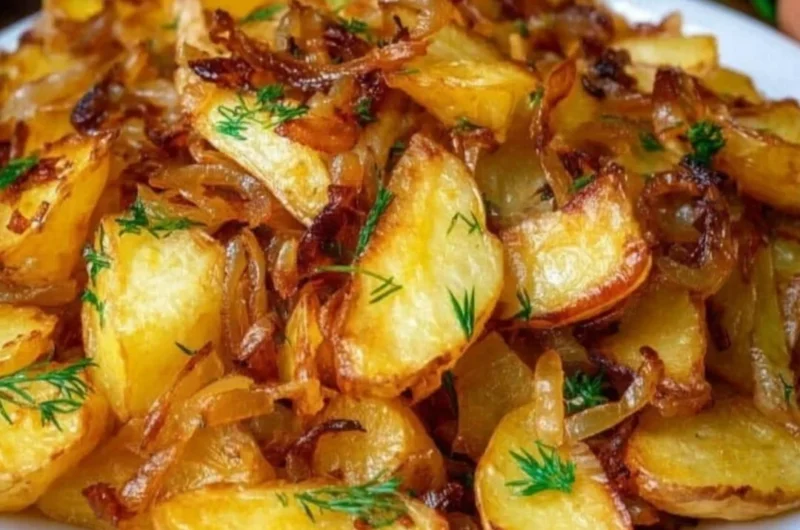 Fried potatoes and onions served in a skillet, golden and crispy.