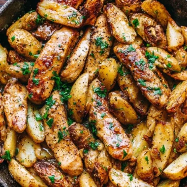 Delicious Garlic Butter Chicken served with crispy potatoes on a plate.