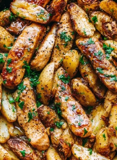 Delicious Garlic Butter Chicken served with crispy potatoes on a plate.