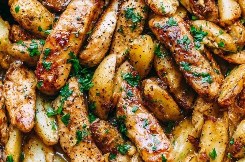 Delicious Garlic Butter Chicken served with crispy potatoes on a plate.