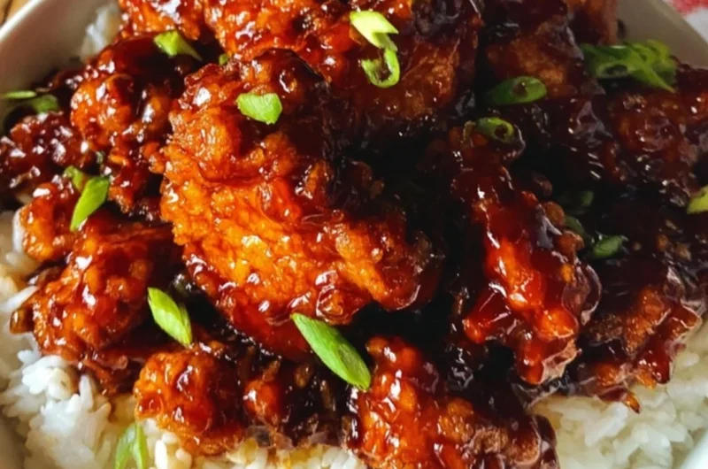Delicious General Tso's Chicken served in a vibrant dish, showcasing its flavorful sauce.