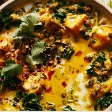 Delicious gingered sweet potato and coconut milk stew served in a bowl.
