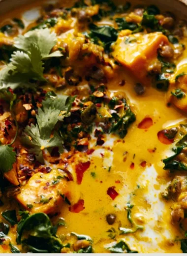 Delicious gingered sweet potato and coconut milk stew served in a bowl.