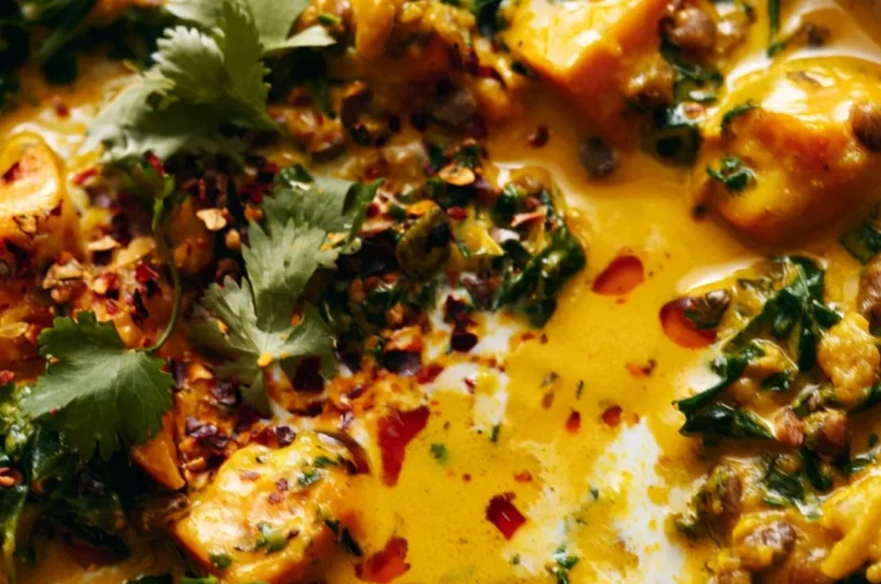Delicious gingered sweet potato and coconut milk stew served in a bowl.