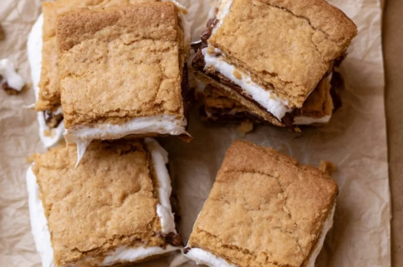 Gooey S'mores Cookie Bars with chocolate and marshmallows