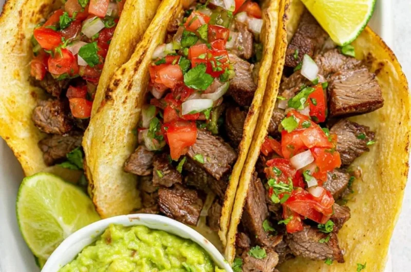 Delicious grilled beef tacos topped with fresh ingredients and cilantro