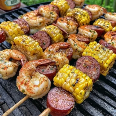 Grilled seafood skewers on a plate with vibrant vegetables
