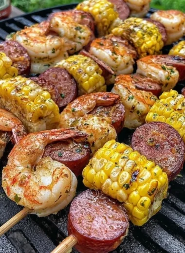 Grilled seafood skewers on a plate with vibrant vegetables