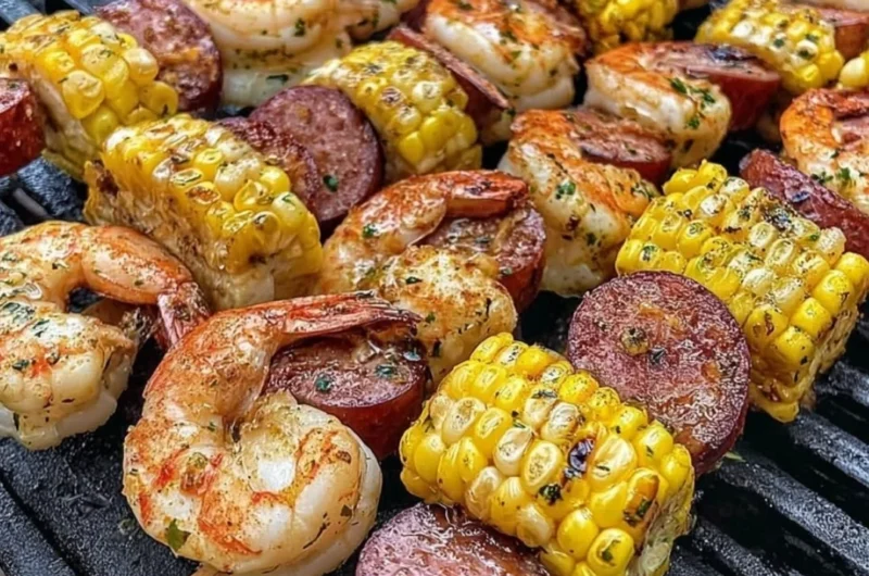 Grilled seafood skewers on a plate with vibrant vegetables