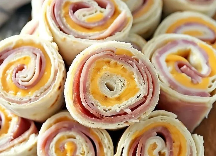 Plate of ham and cheese roll-ups served as a delicious snack or appetizer
