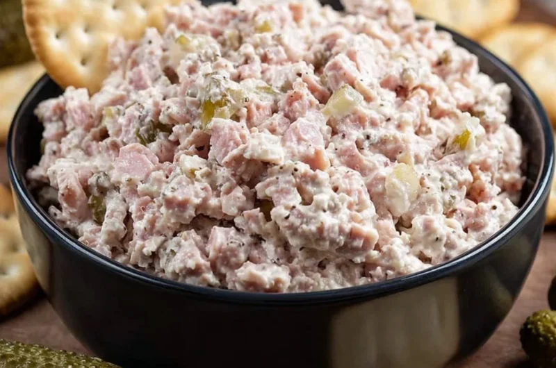 Delicious ham salad served in a bowl, perfect for sandwiches and snacks.