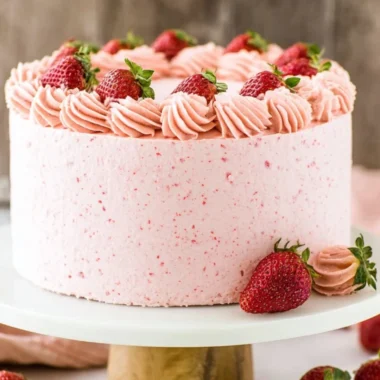 Delicious homemade strawberry cake topped with fresh strawberries