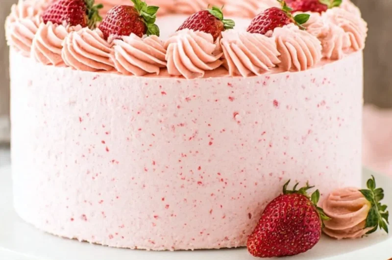 Delicious homemade strawberry cake topped with fresh strawberries