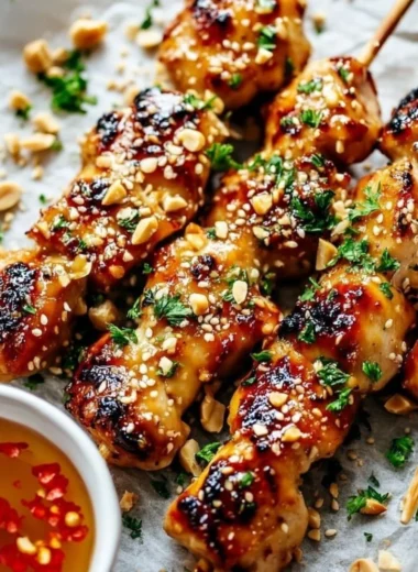 Honey Garlic Chicken Skewers on a grill, glazed with sweet honey and garlic sauce