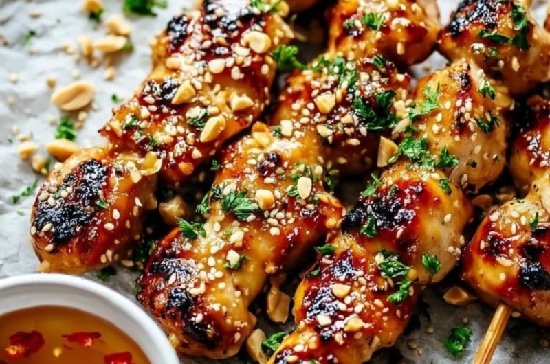 Honey Garlic Chicken Skewers on a grill, glazed with sweet honey and garlic sauce