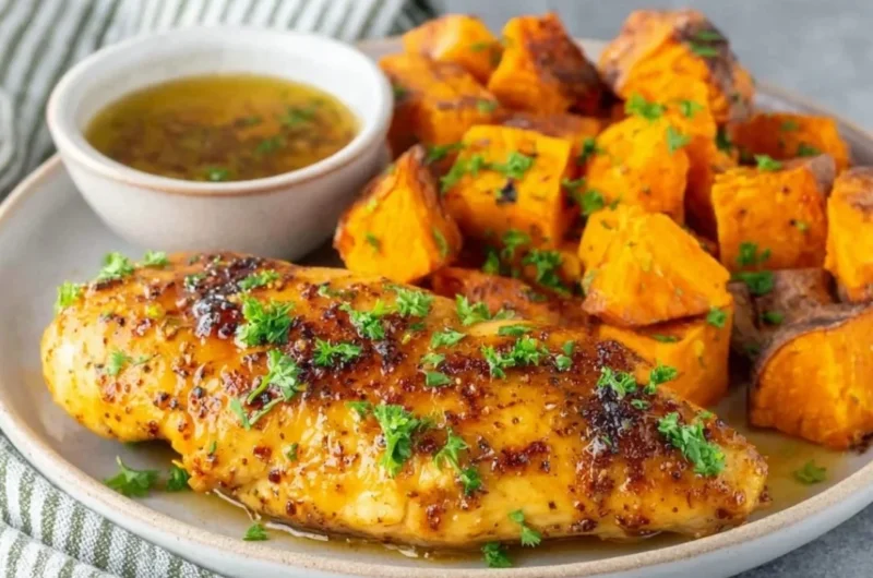 Delicious honey garlic chicken tenders served with fresh herbs