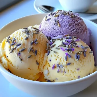 Creamy Lavender Honey Ice Cream with lavender sprigs and honey drizzle.