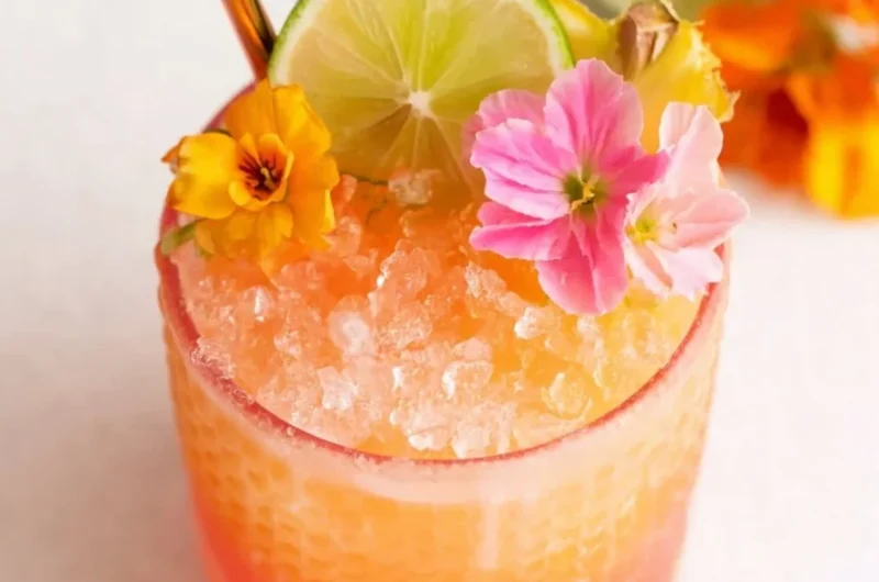 Vibrant Pineapple Mango Rum Punch in a decorative glass with tropical fruits.