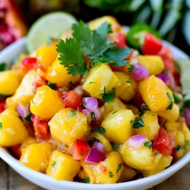 Delicious Pineapple Mango Salsa served in a bowl with colorful ingredients