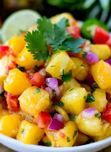 Delicious Pineapple Mango Salsa served in a bowl with colorful ingredients