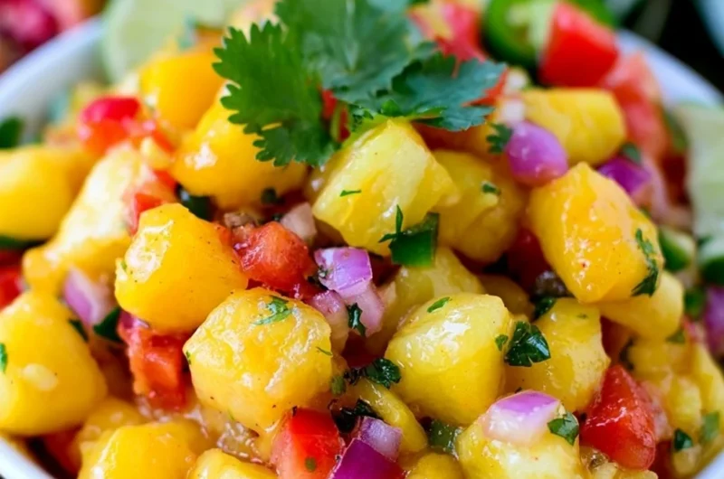 Delicious Pineapple Mango Salsa served in a bowl with colorful ingredients