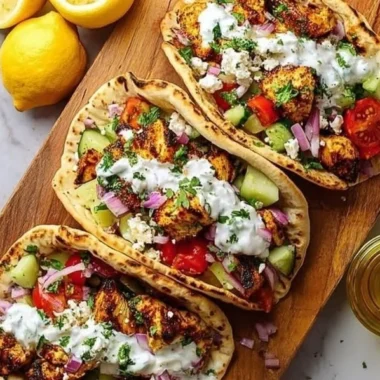 Delicious Mediterranean chicken tacos topped with fresh ingredients