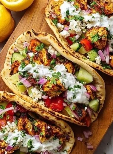 Delicious Mediterranean chicken tacos topped with fresh ingredients