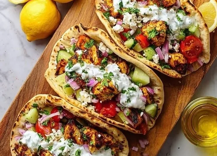Delicious Mediterranean chicken tacos topped with fresh ingredients