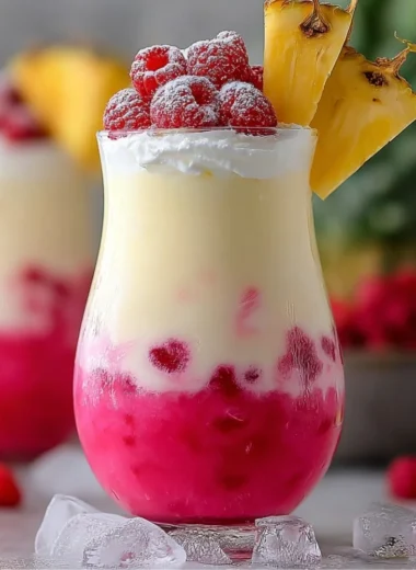 Refreshing Raspberry Colada Twist cocktail with raspberry and coconut.