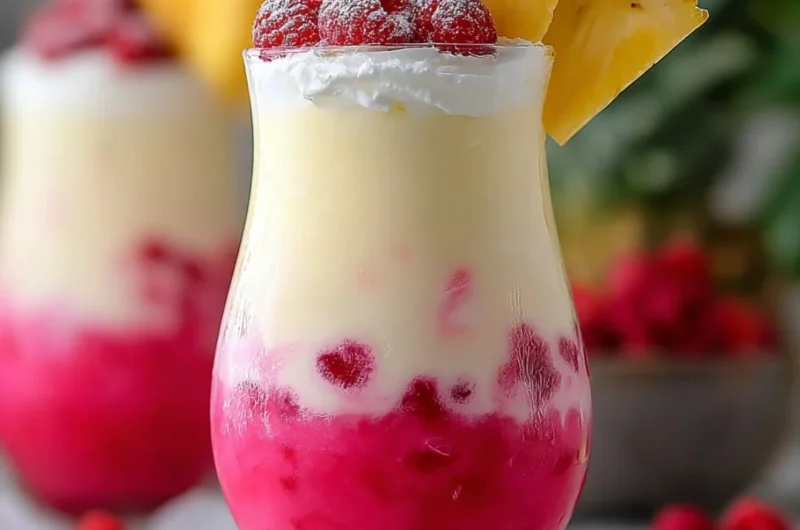 Refreshing Raspberry Colada Twist cocktail with raspberry and coconut.