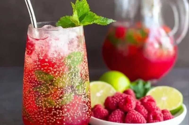 Delicious Raspberry Mojito cocktail garnished with fresh raspberries and mint