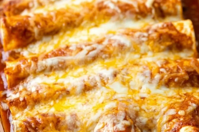 Plate of restaurant-style red cheese enchiladas topped with cheese and fresh herbs