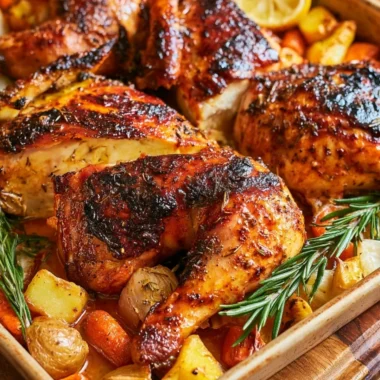 Delicious roasted chicken seasoned with herbs and spices, ready to serve.