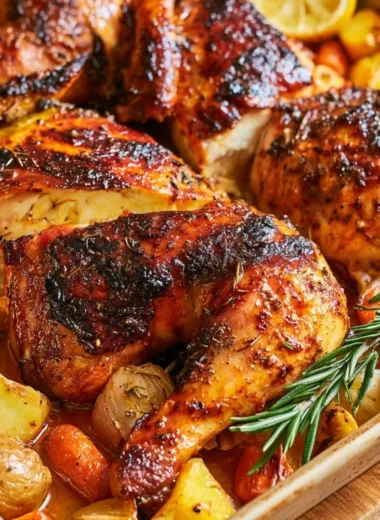 Delicious roasted chicken seasoned with herbs and spices, ready to serve.