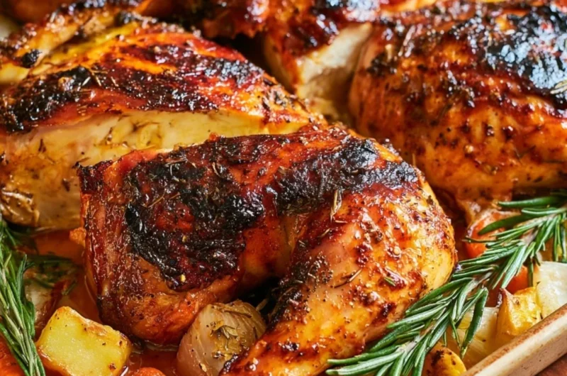 Delicious roasted chicken seasoned with herbs and spices, ready to serve.