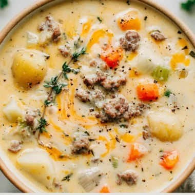 Bowl of delicious sausage potato soup with herbs and spices