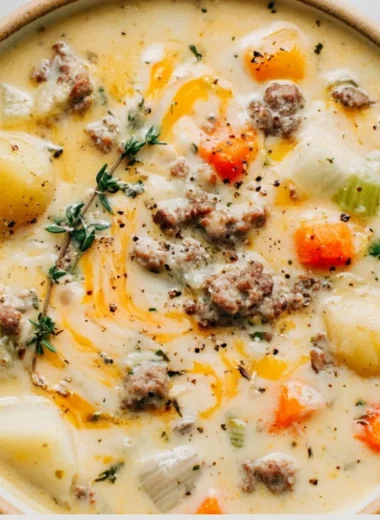Bowl of delicious sausage potato soup with herbs and spices