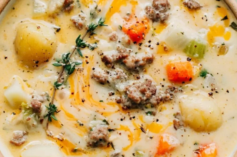Bowl of delicious sausage potato soup with herbs and spices