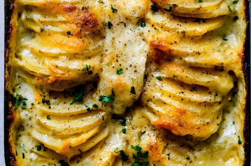 Deliciously creamy scalloped potatoes layered with cheese and herbs