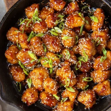 Delicious plate of sesame chicken with sesame seeds and vegetables
