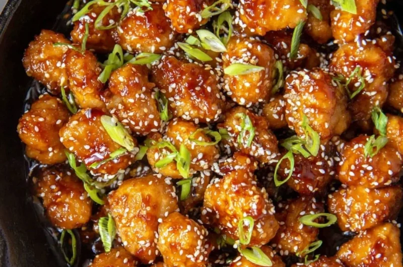Delicious plate of sesame chicken with sesame seeds and vegetables